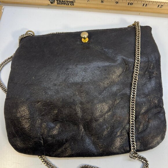 Women's Vintage Black Leather Handbag Chain Strap Clutch with Gold Emblem - Picture 3 of 4
